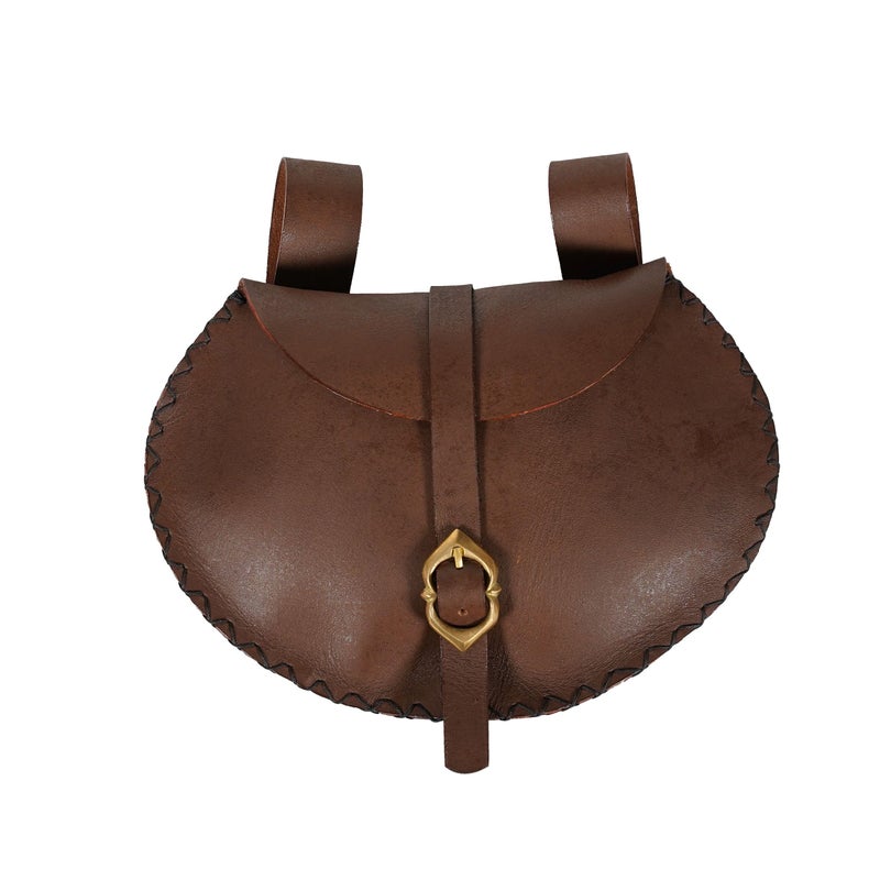 Mythrojan Medieval Leather Belt Bag with Solid Brass Buckle, ideal for SCA LARP reenactment & Ren fair, Full Grain Leather, Brown, 6.5â€Ã—9.5â€ - Brown - Image 1